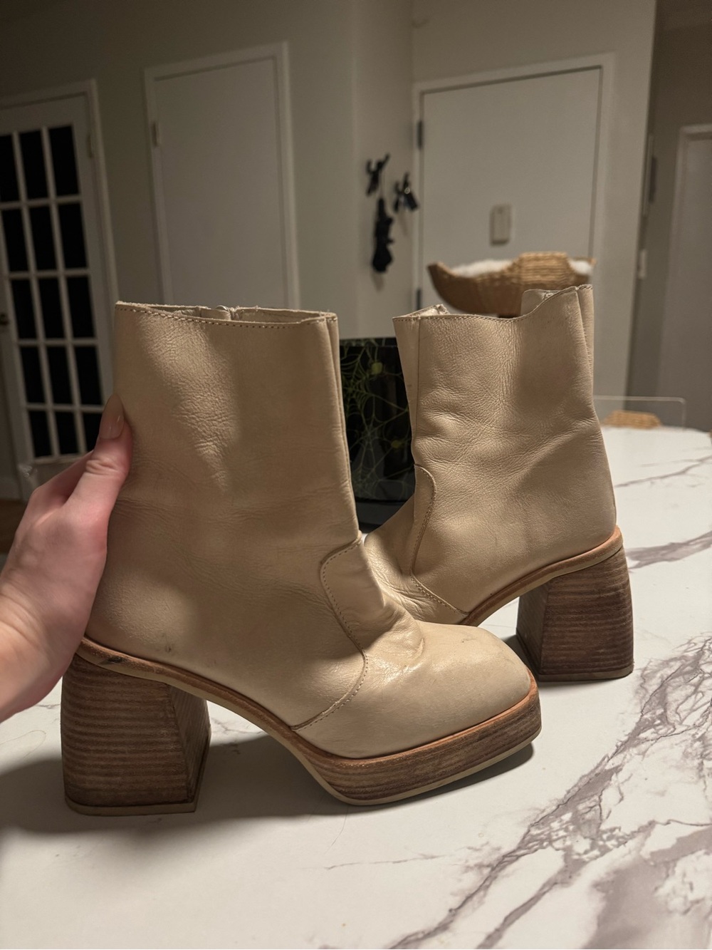 Free People Cream Platform Leather Ankle Boots